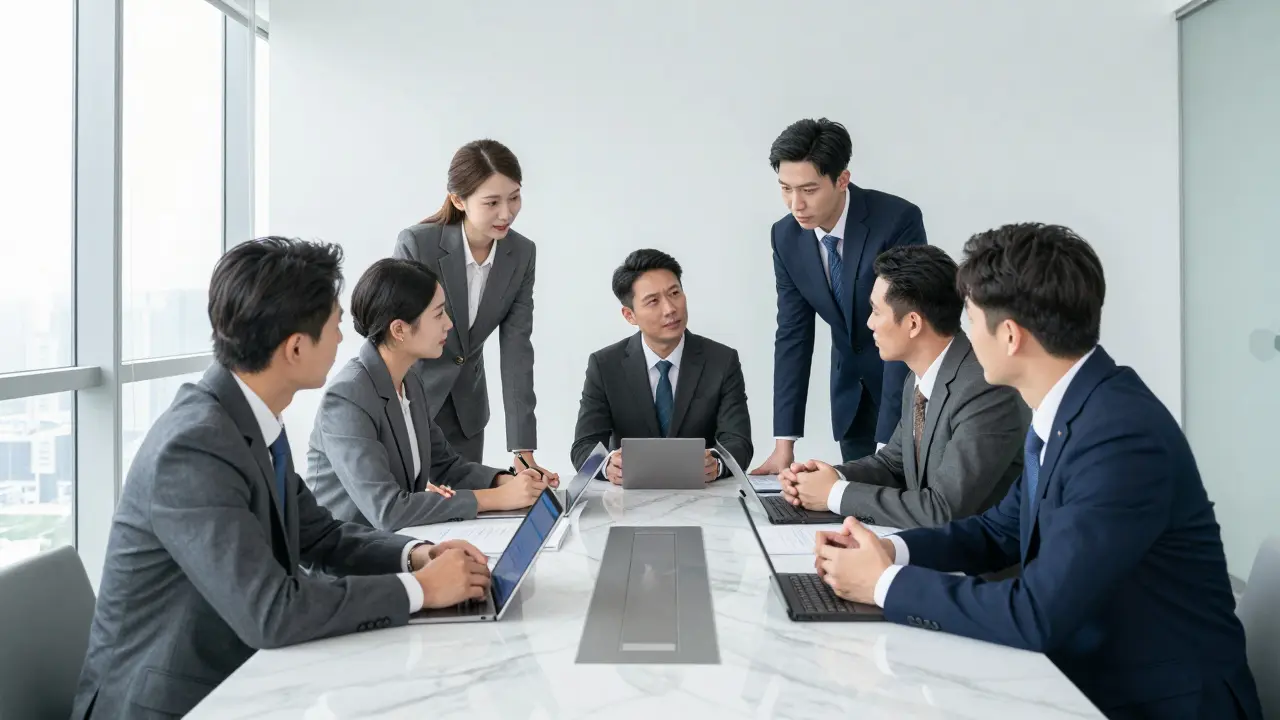 Skupina úspěšných korporátních právníků v moderní zasedací místnosti mrakodrapu.