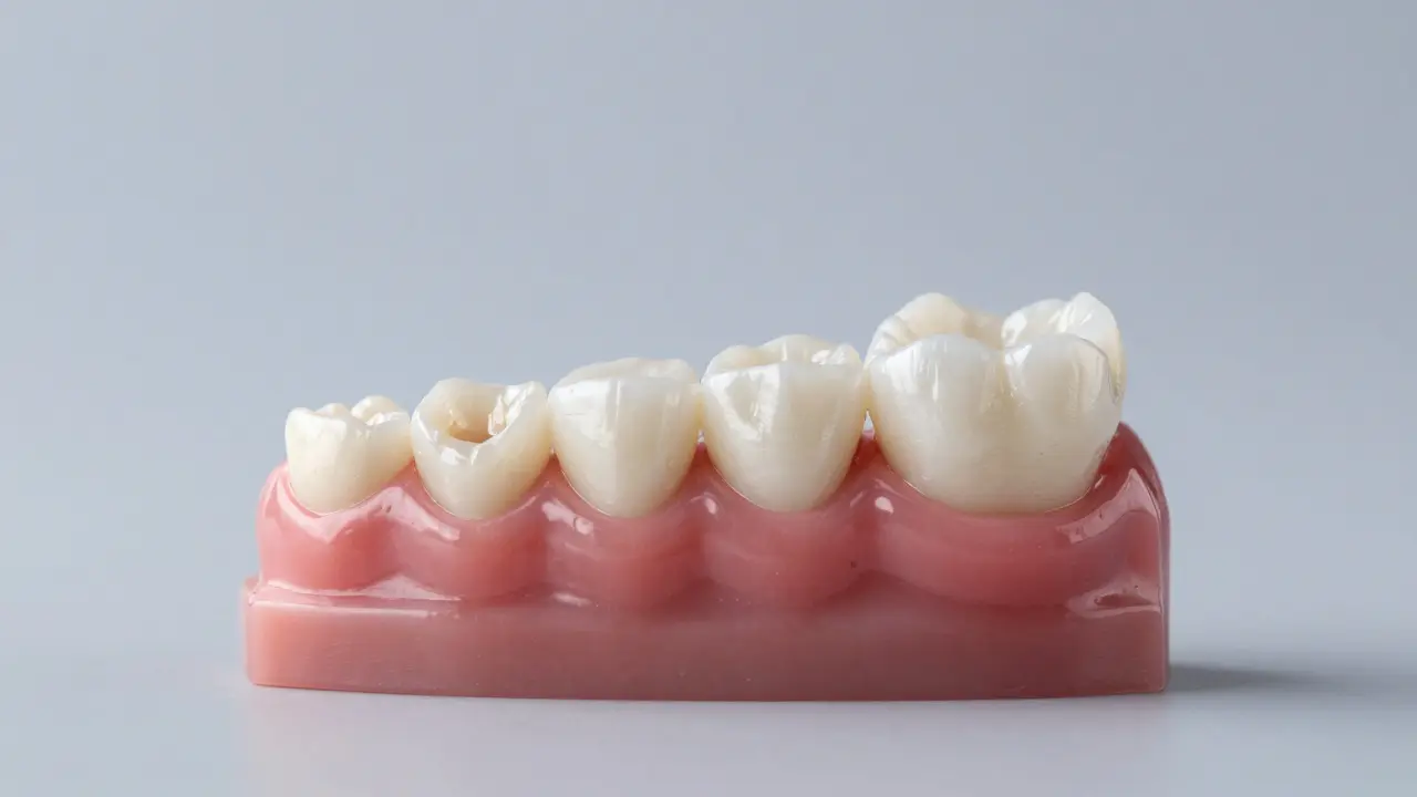 Srovnání materiálů pro opravu zubu: kompozit, keramická fazeta a korunka.