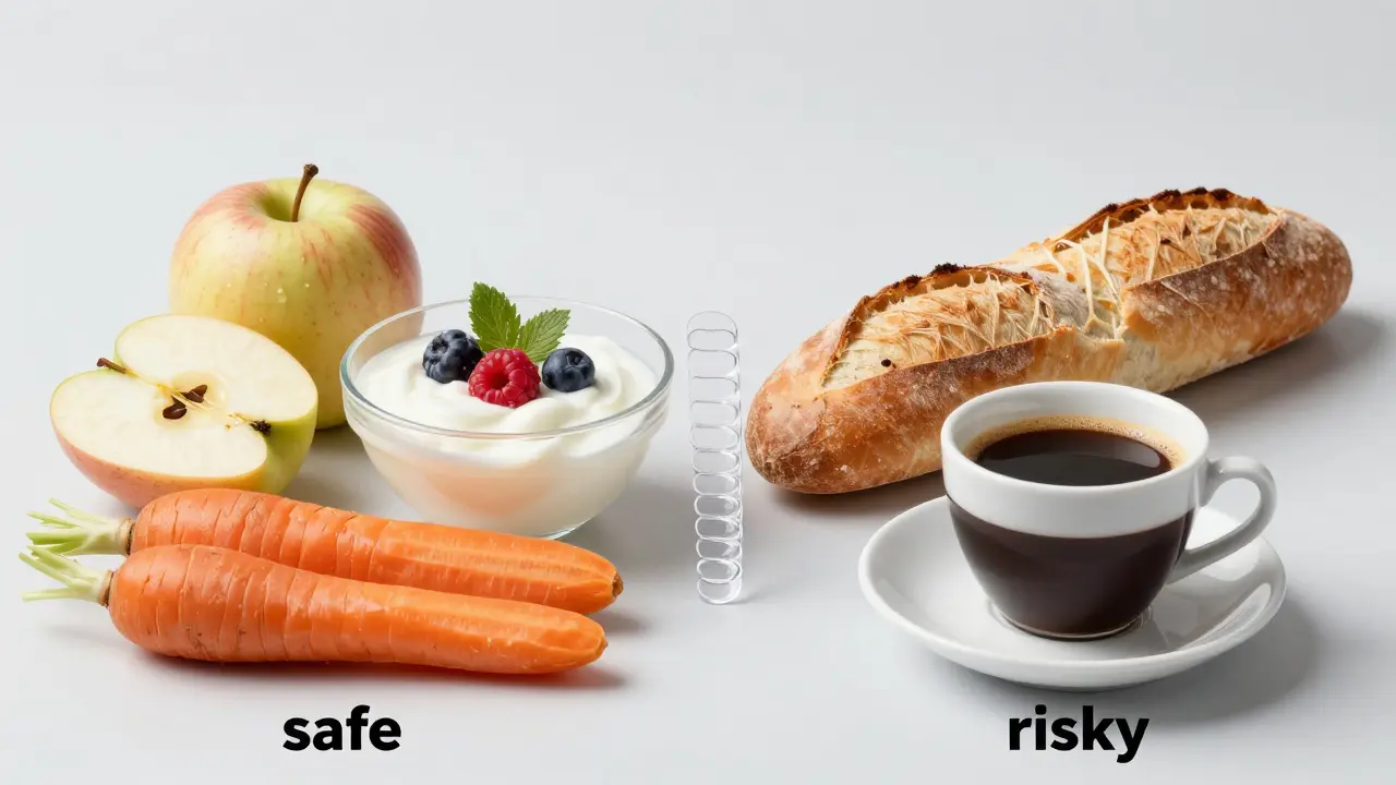 Srovnání měkkých potravin a tvrdých jídel s průhlednou rovnátkou vprostřed.