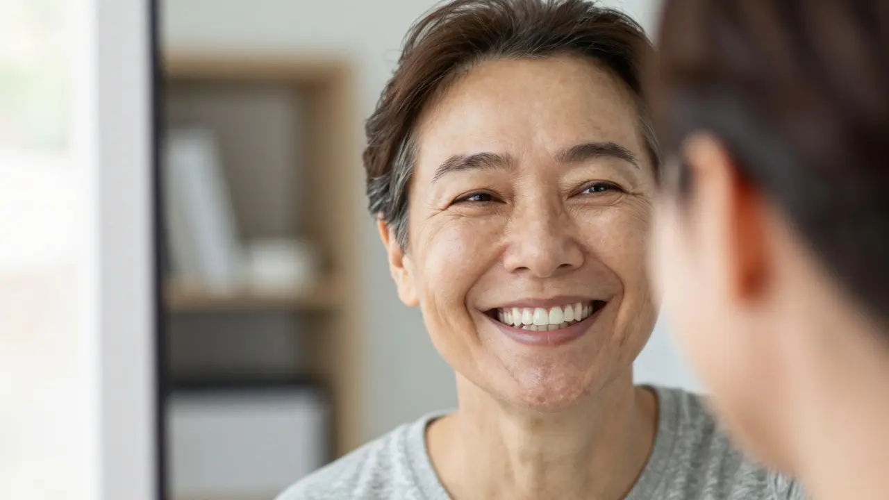 Šťastný člověk se zdravým a přirozeným úsměvem se dívá do zrcadla.