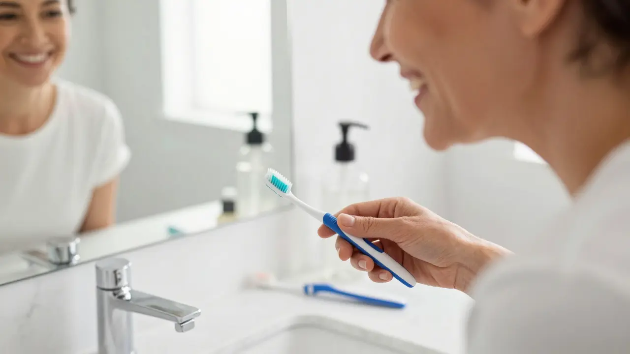 Šťastný člověk se zdravým úsměvem se dívá do zrcadla v moderní koupelně.