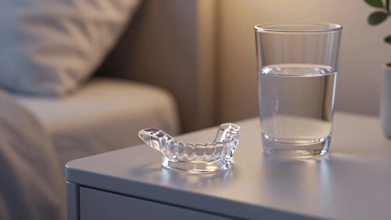 Transparentní ochranné noční šestky na stolu v doprovodu uklidňujícího osvětlení.