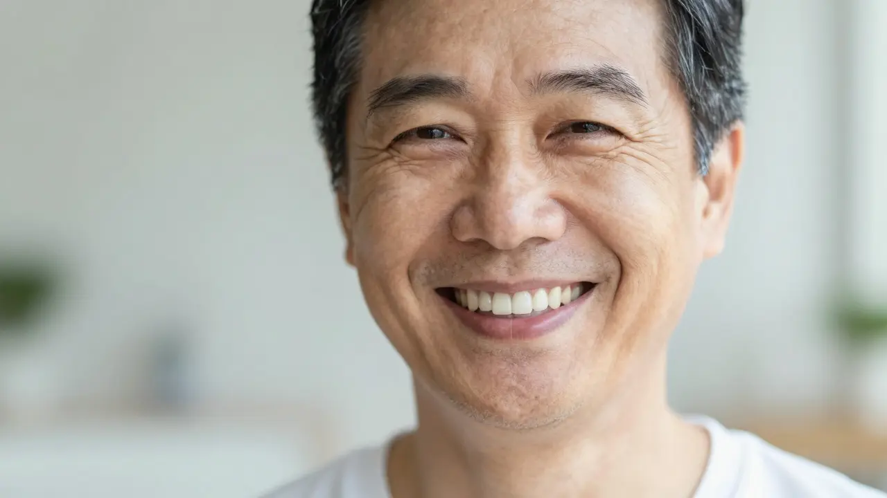 Úsměv člověka se zdravými bílými zuby a pevnými, růžovými dásněmi.