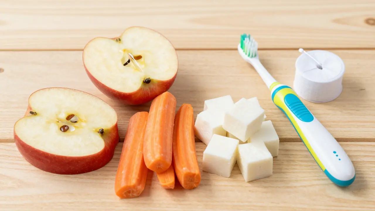 Zdravá strava s jablky a mrkví vedle dětského sonického kartáčku a nitě.