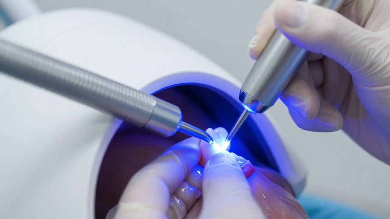 Zubař používají modré LED světlo k ztvrdnutí kompozitní plomby.