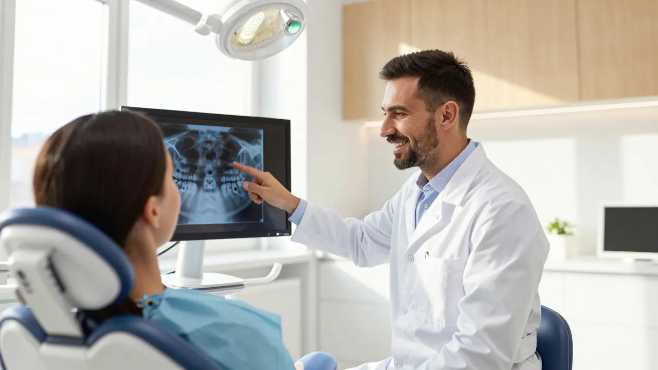 Zubní lékař konzultuje plán léčby s pacientem u digitálního rentgenu.
