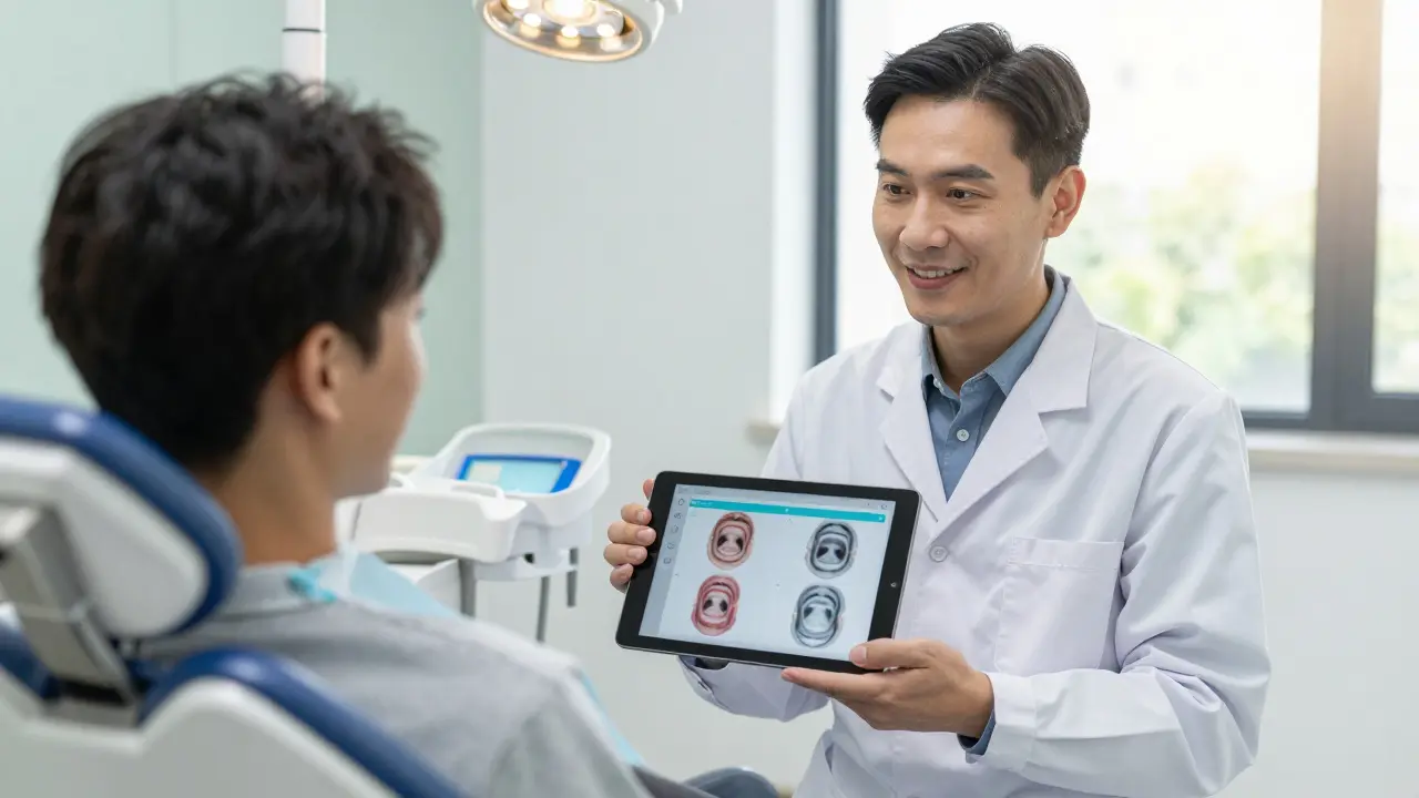 Zubní lékař konzultuje s pacientem plán léčby a možnosti platby v moderní klinice.