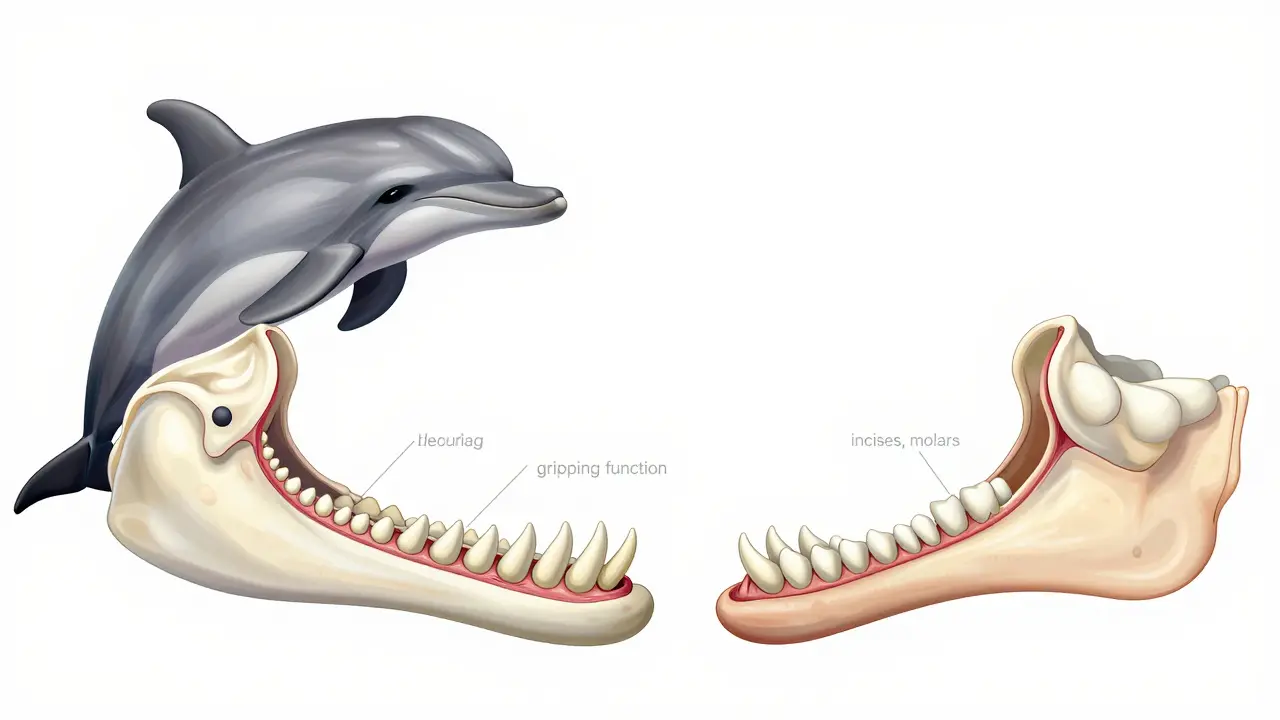 Anatomické srovnání čelistí delfína a člověka ukazující rozdíly ve tvaru zubů.