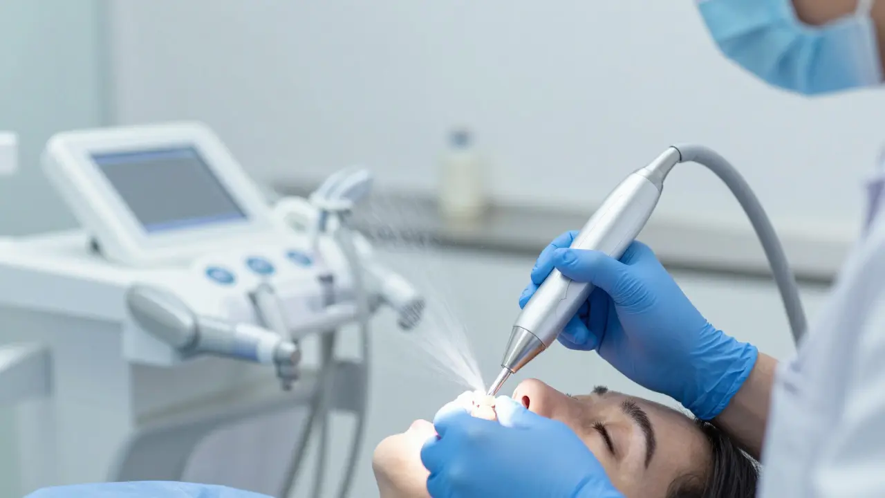 Dentista používá ultrazvukovou kámeničku při čištění
