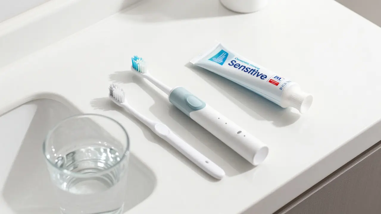 Elektrický kartáček a hygienické pomůcky na pultu