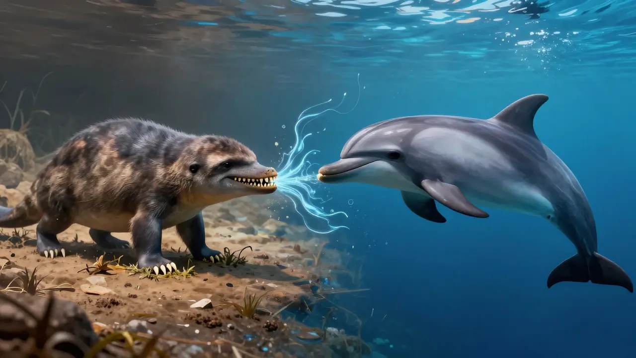 Konceptuální umění zobrazující evoluci předků delfínů od suchozemských savců k mořským.