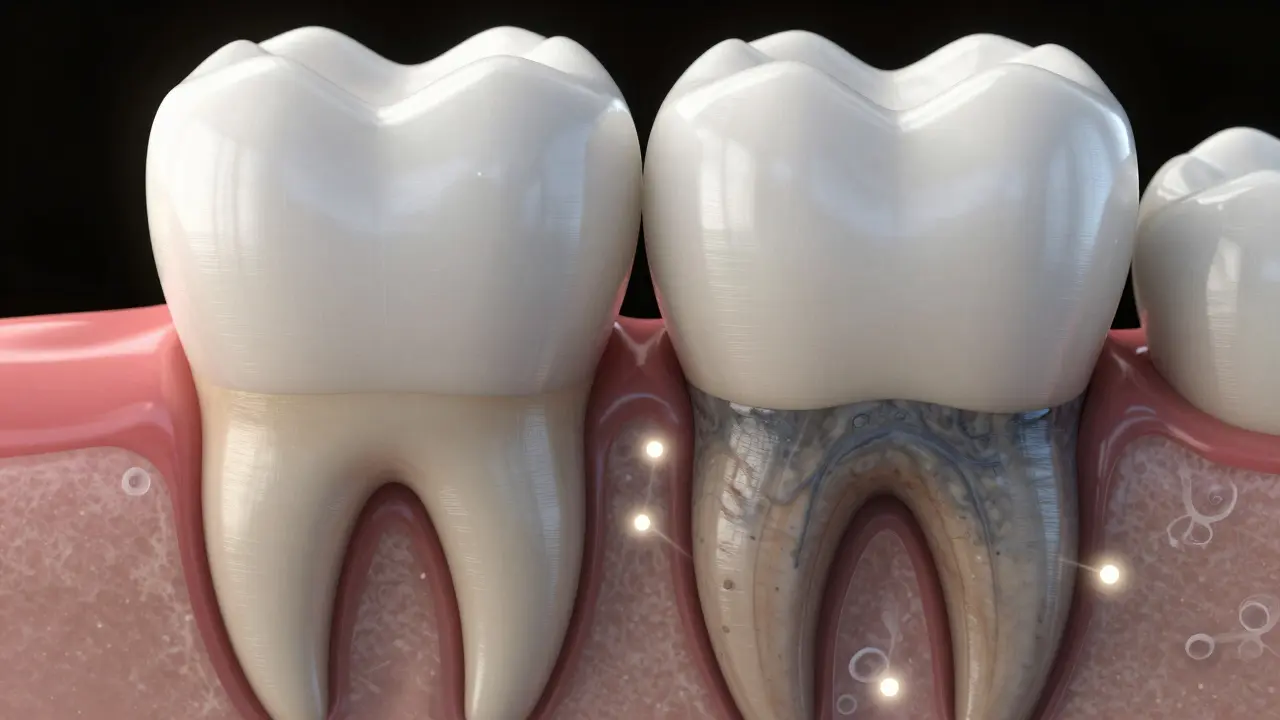 Makro záběr zubu ukazující vnitřní šedé skvrny na dentinu