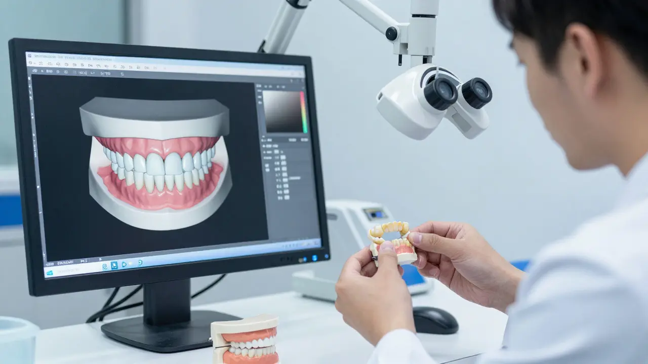 Technik kontroluje keramické fazety v digitální laboratoři