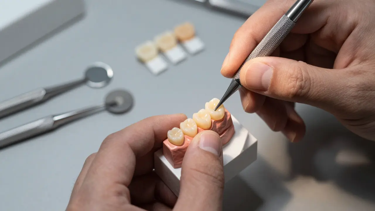 Technik upravuje keramický zub v laboratoři
