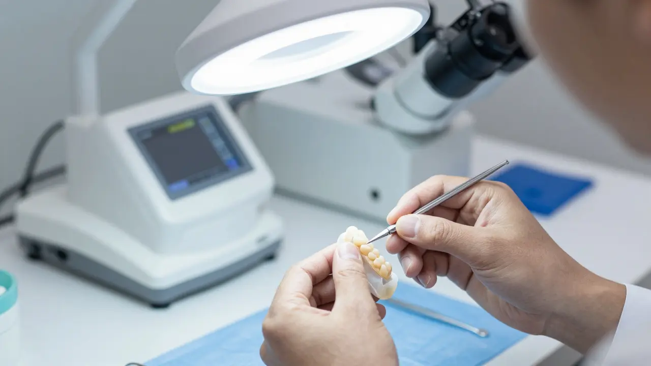 Technik vyrábí kompozitní inlay v laboratoři
