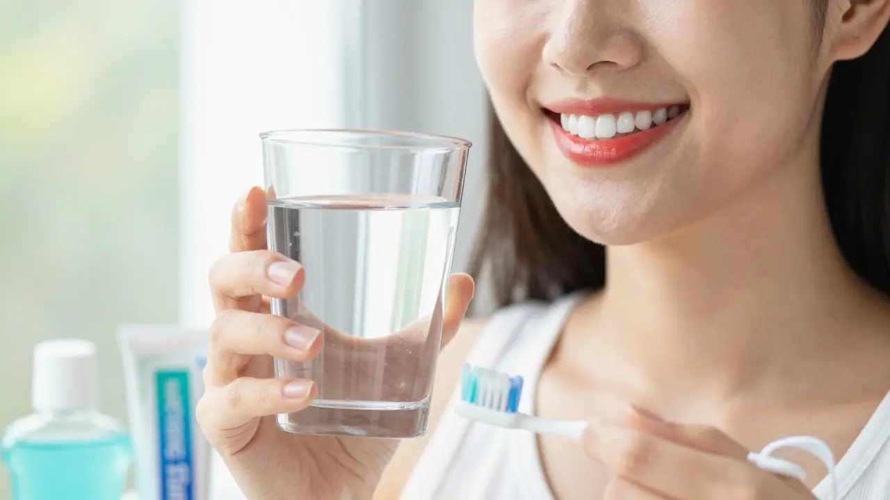 Úsměv s čistými zuby a produkty ústní hygieny