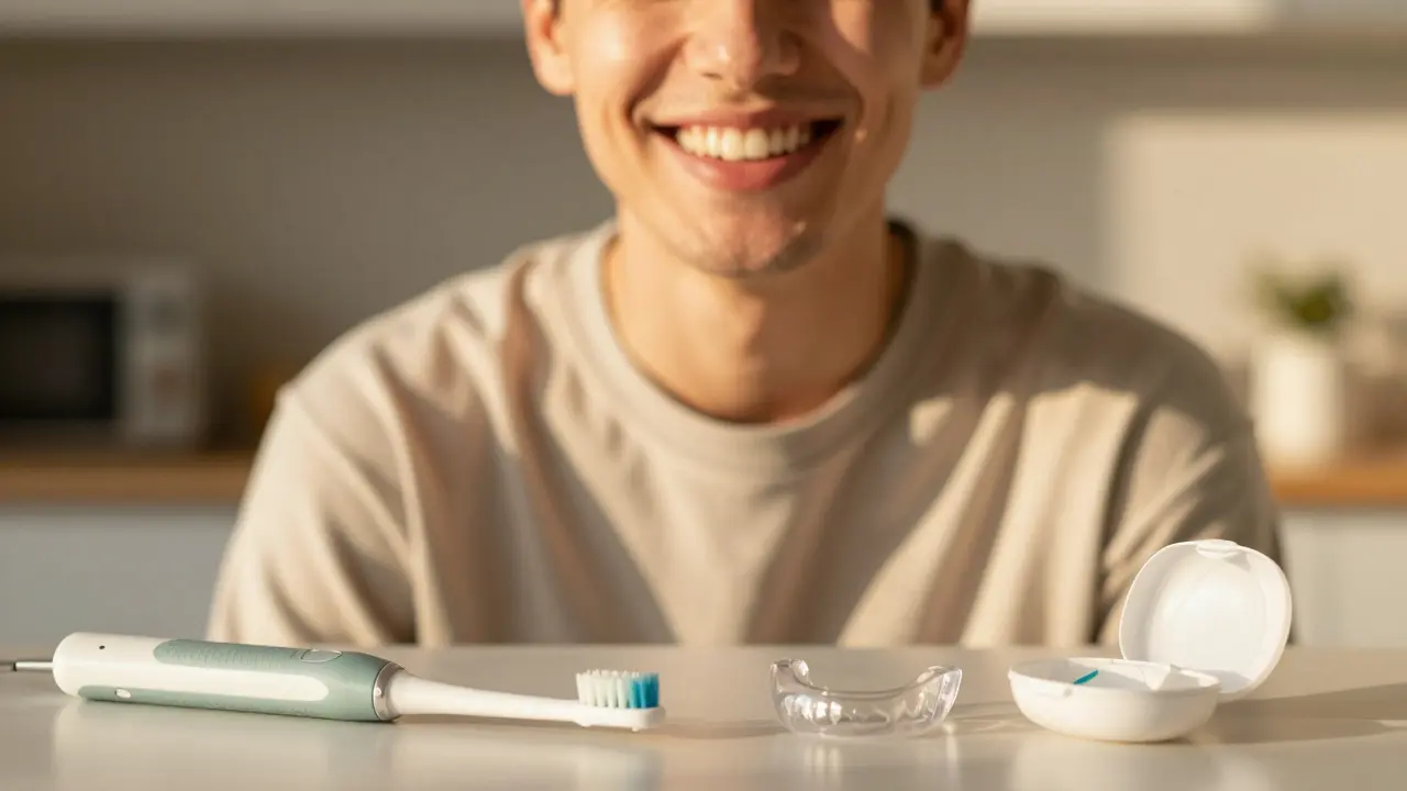Úsměv s perfektními zuby a hygienickými potřebami jako noční clona