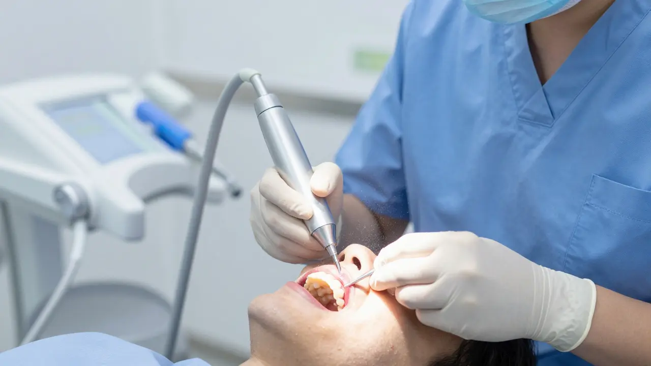 Zubní lékař čištění zubů ultrazvukovým scalpem