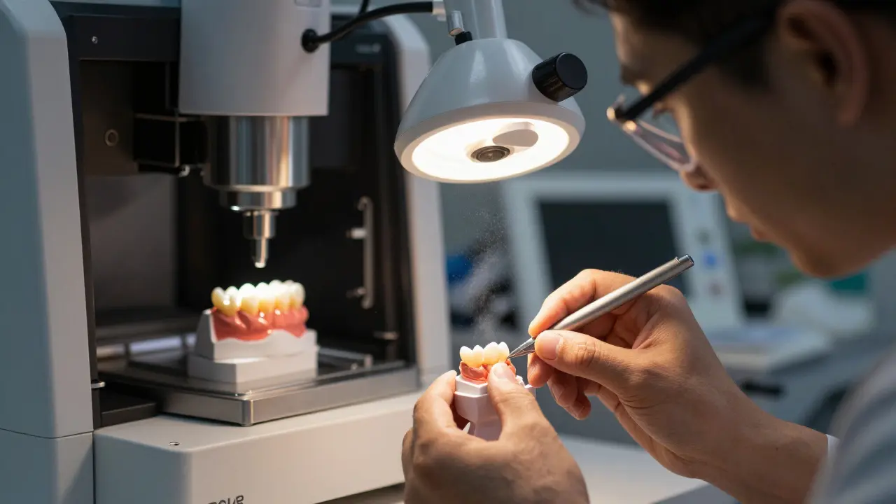 Zubní technik pracuje na keramickém zubu vedle CAM stroje v laboratoři.