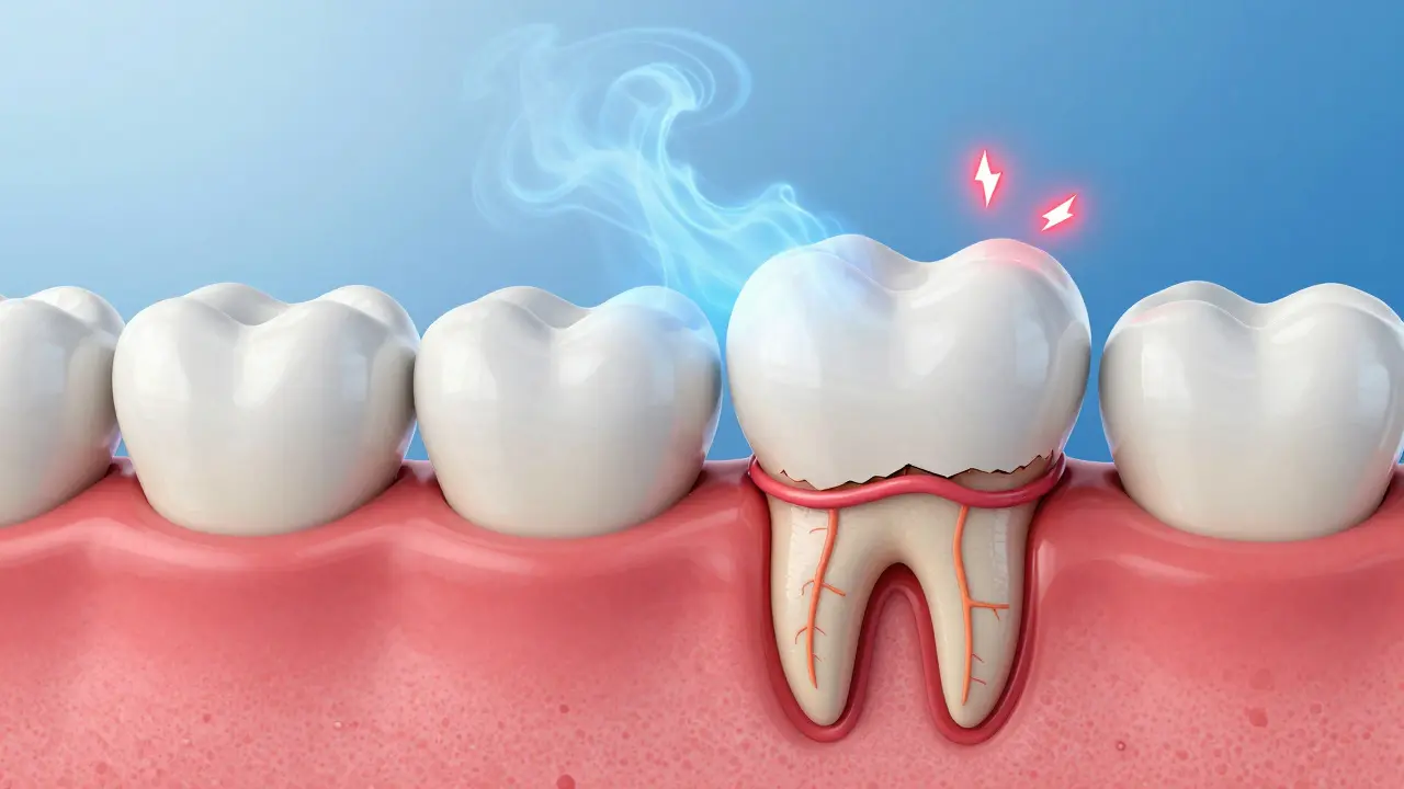 3D ilustrace citlivého zubu s odhalenou dentinou a nervem