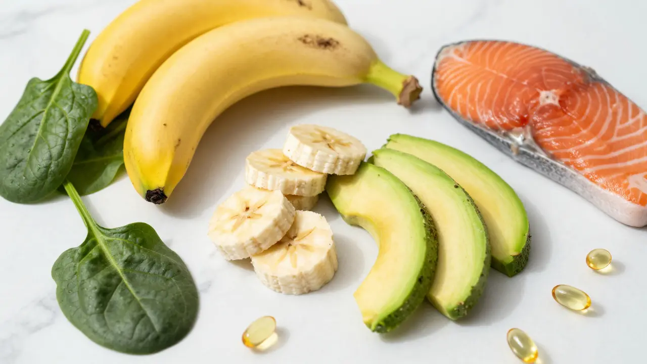 Čerstvé potraviny s vitamíny B a omega-3 na bílém povrchu při denním světle