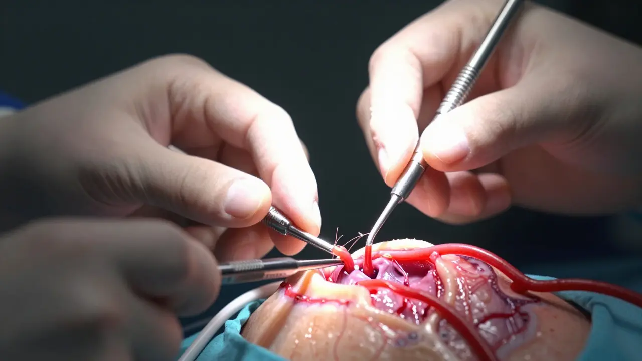 Detailní záběr mikroskopické chirurgie cév na obličeji