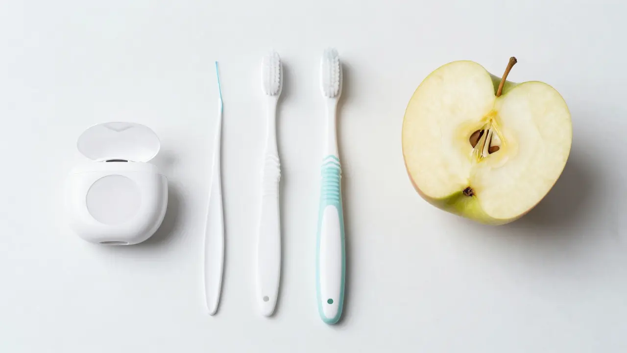 Hygienické pomůcky pro péči o zuby s mezerou na bílém podkladu