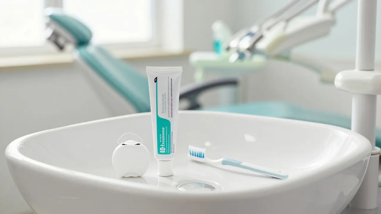 Hygienické potřeby jako pasta a nit pro prevenci zubního kazu