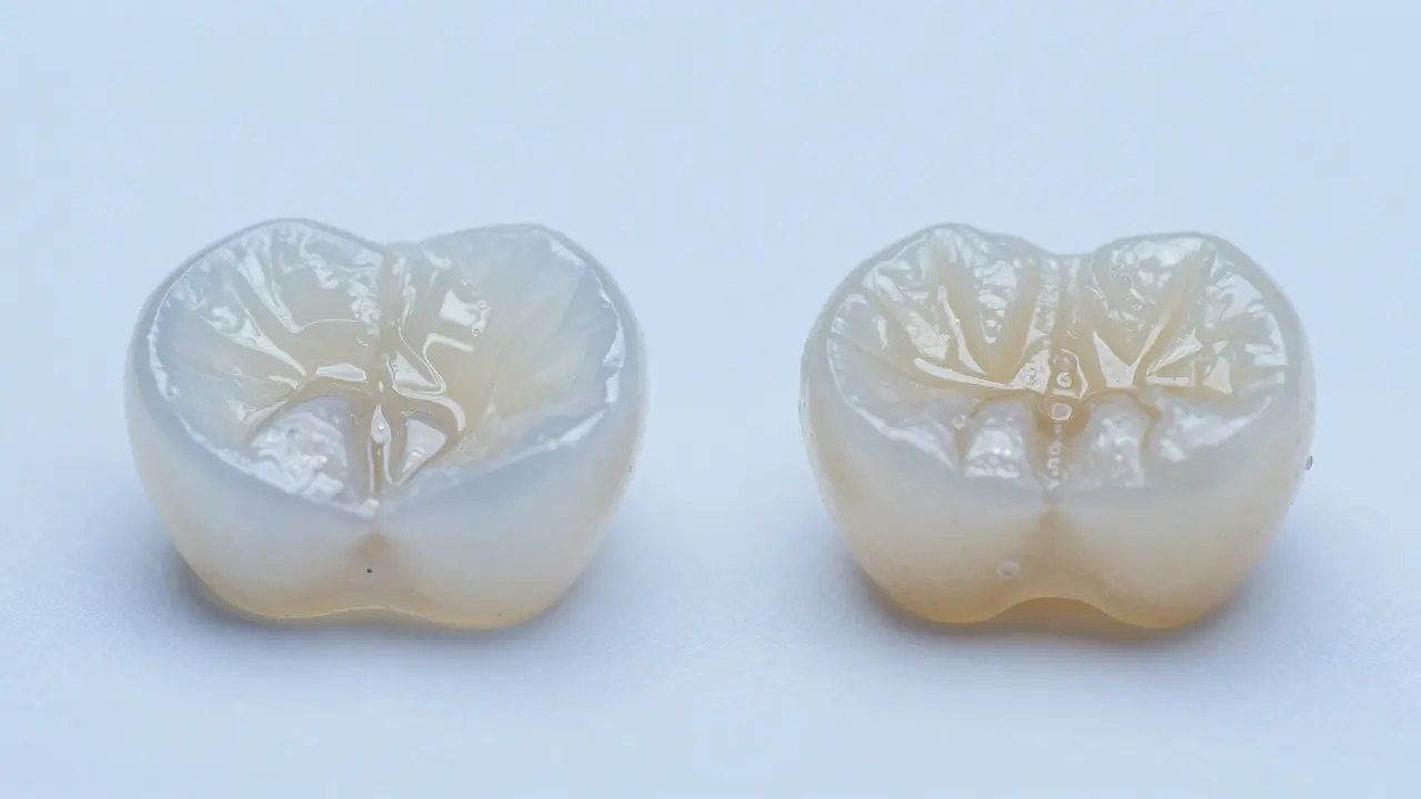 Makro detail porovnávající průhlednou keramickou a kompozitní zubní fazetu