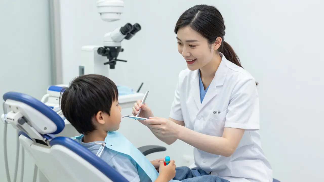 Pediatrický dentista klidně vysvětluje nástroje malému dítěti v křesle