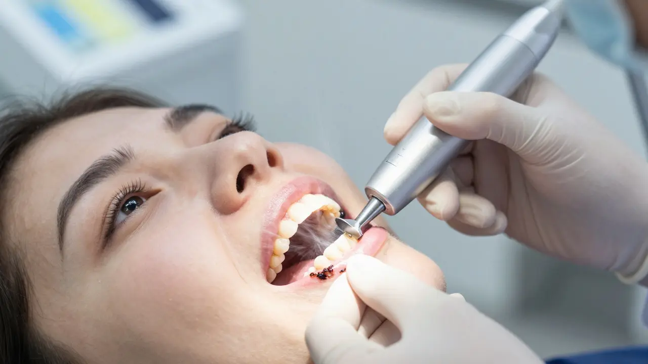 Profesionální čištění zubů ultrazvukem odstraňující černý kámen