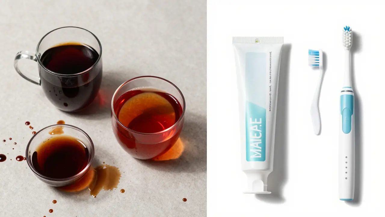 Srovnání tmavých nápojů způsobujících skvrny a čistých bělících produktů.