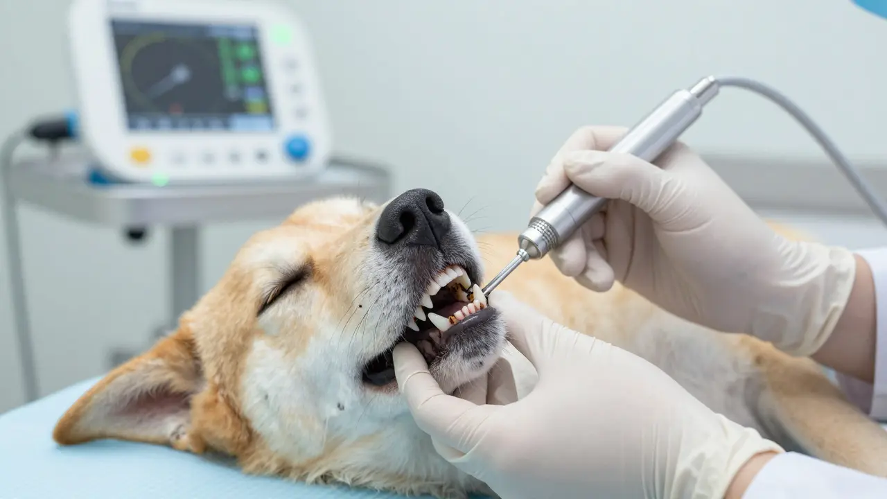 Veterinář čistí zuby spícímu psu ultrazvukem