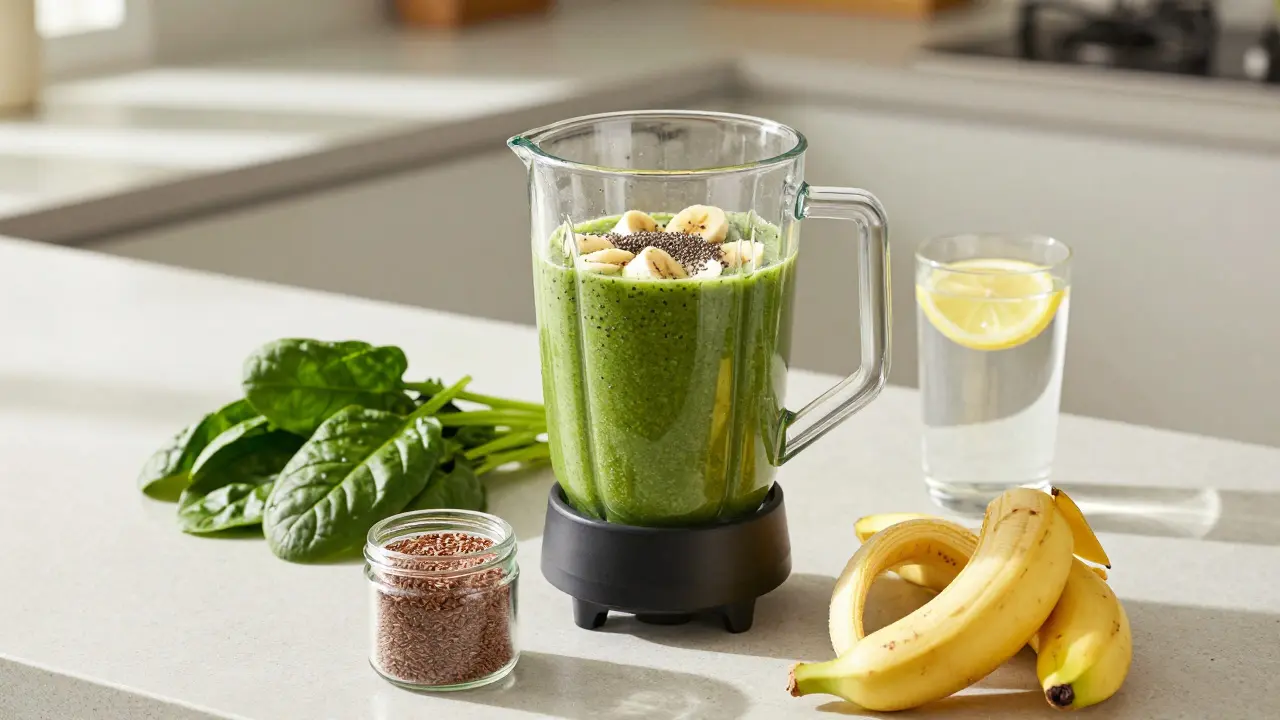 Zelený smoothie ve mixéru se špenátem a banánem, zdravý nápoj proti zácpě