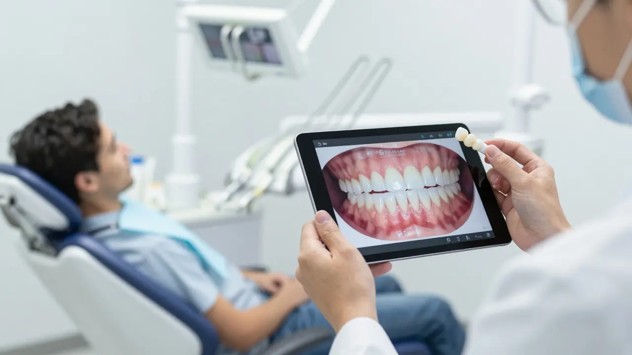 Zubní lékař ukazuje digitální simulaci úsměvu a keramickou fazetu v ordinaci