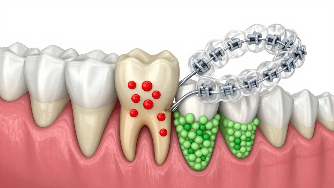 3D ilustrace remodelace kosti při rovnání zubů s osteoklasty a osteoblasty