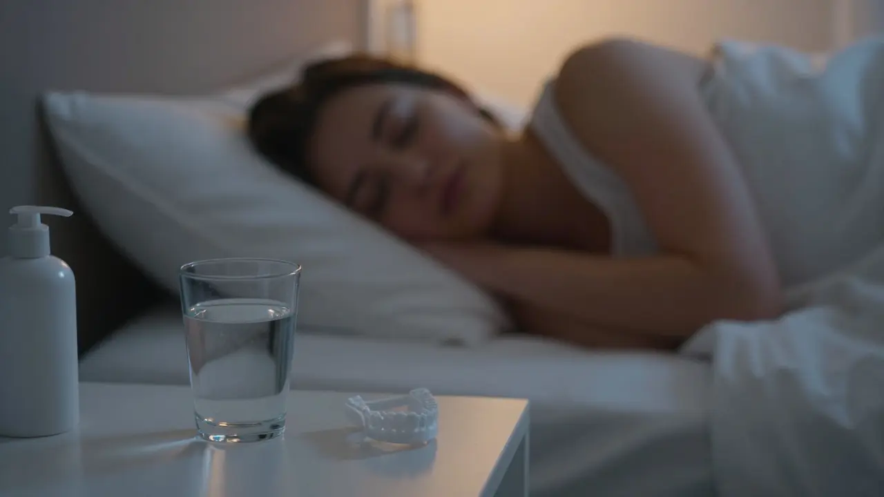 Člověk spící v posteli s prázdnými bělicími náplastmi na nočním stolku