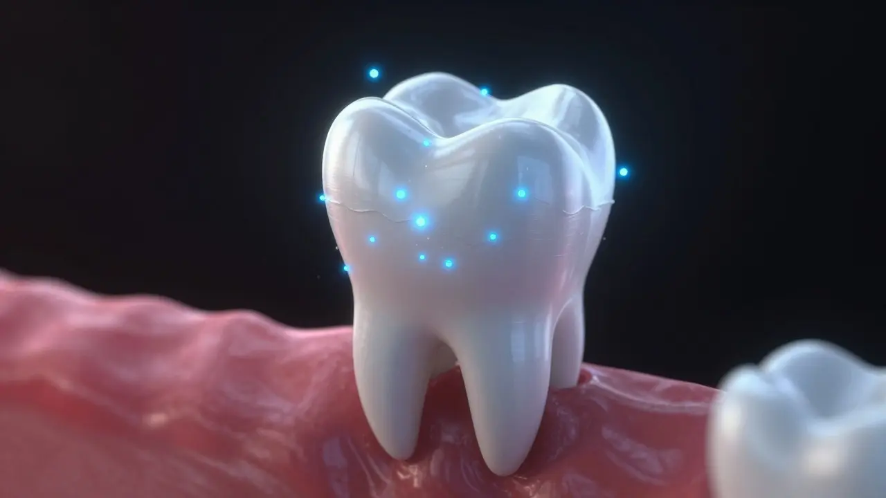 Konceptuální zobrazení fluoridu posilujícího zubní email