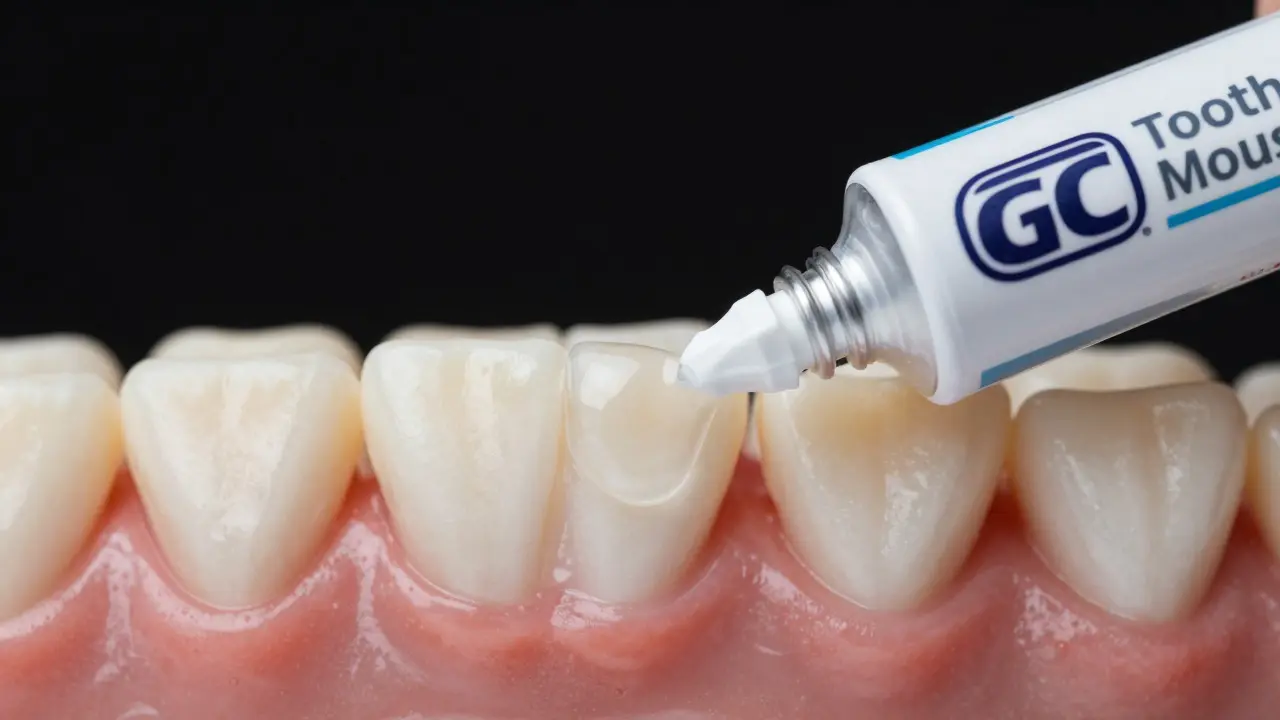 Makro-záběr zubní skloviny s mikroskopickou trhlinou a vizualizace procesu vyplňování trhliny minerály z gelu GC Tooth Mousse.