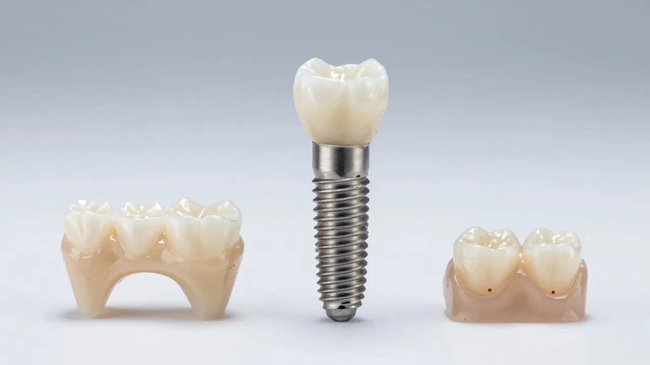 Modely zubních implantátů, můstků a kompozitů na bílém pozadí