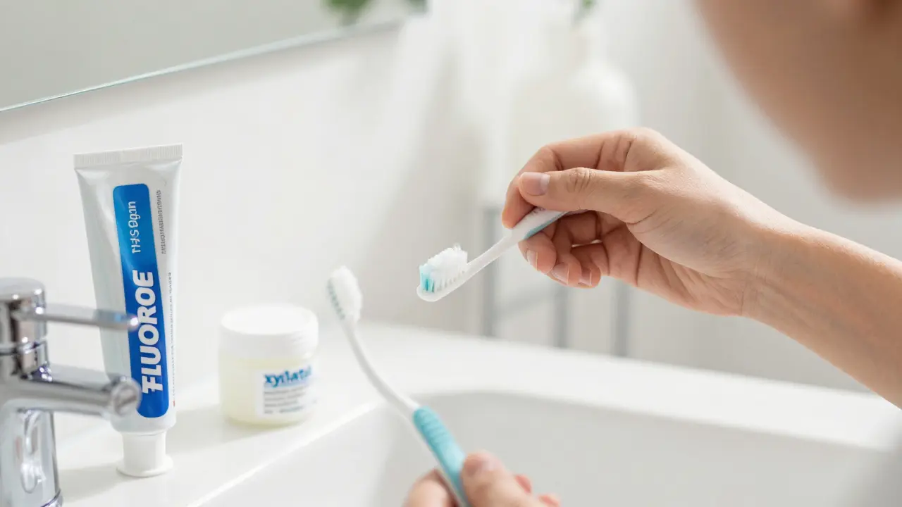 Osoba čistící mezizubní prostor nití vedle pasty s fluoridem a xylitolem