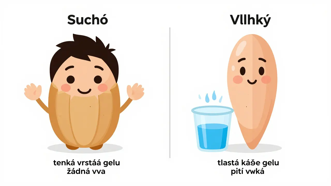 Porovnávací ilustrace ukazující správnou techniku nanášení zubního gelu versus běžné chyby při aplikaci, zdůrazňující důležitost suchého povrchu a tenké vrstvy.