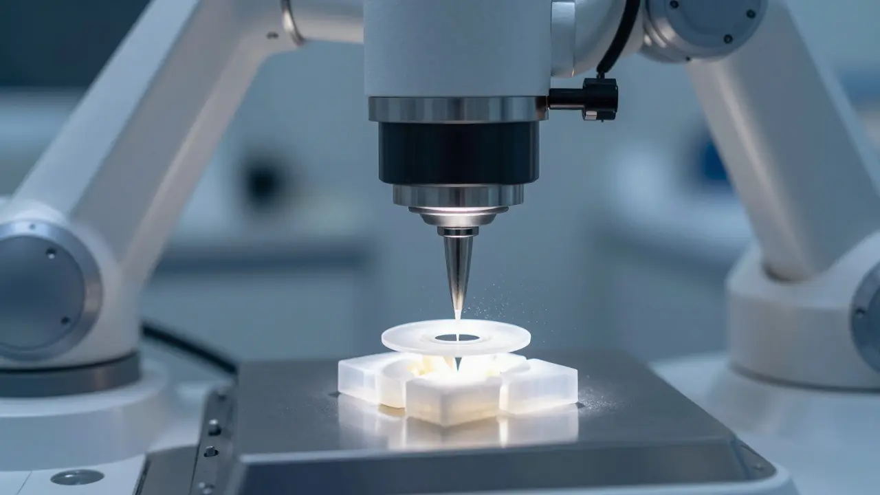 Robotická fréza přesně vyfrézová keramickou destičku pro zubní fazetu v laboratoři.