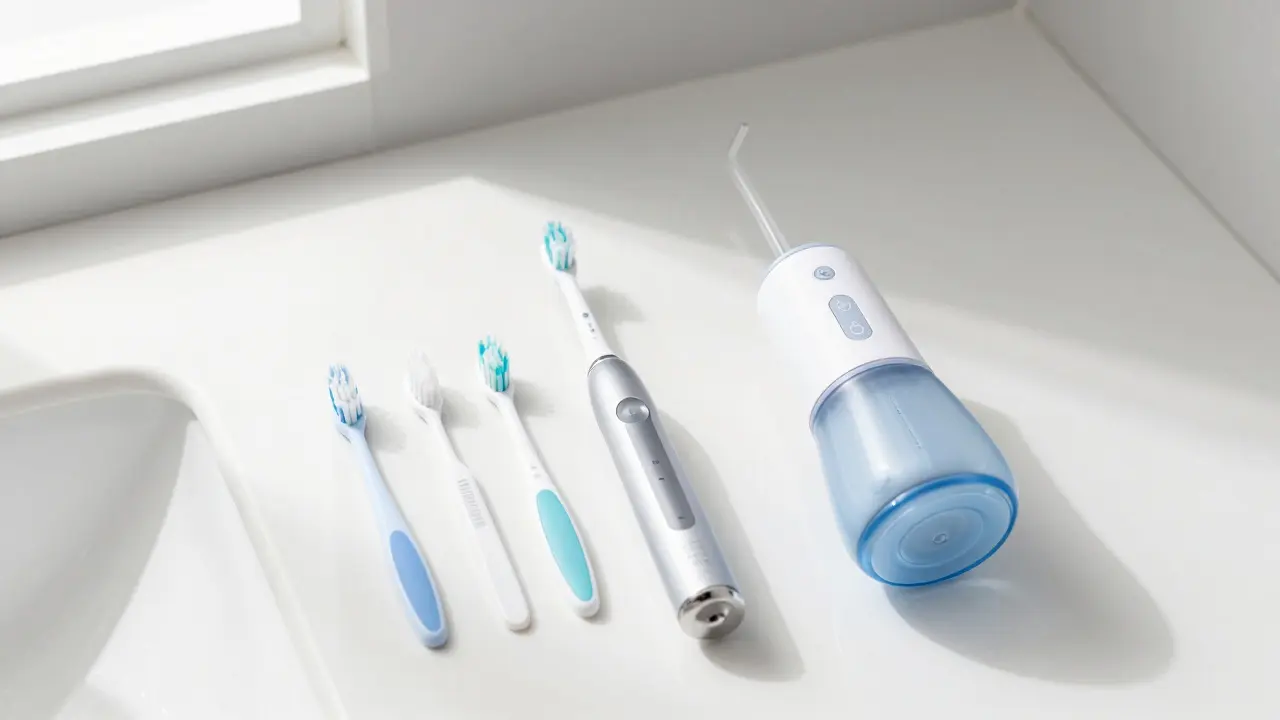 Sada pomůcek pro domácí ústní hygienu na koupelnovém pultu
