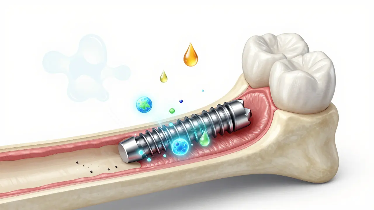 Schéma osintegrace zubního implantátu do čelistní kosti