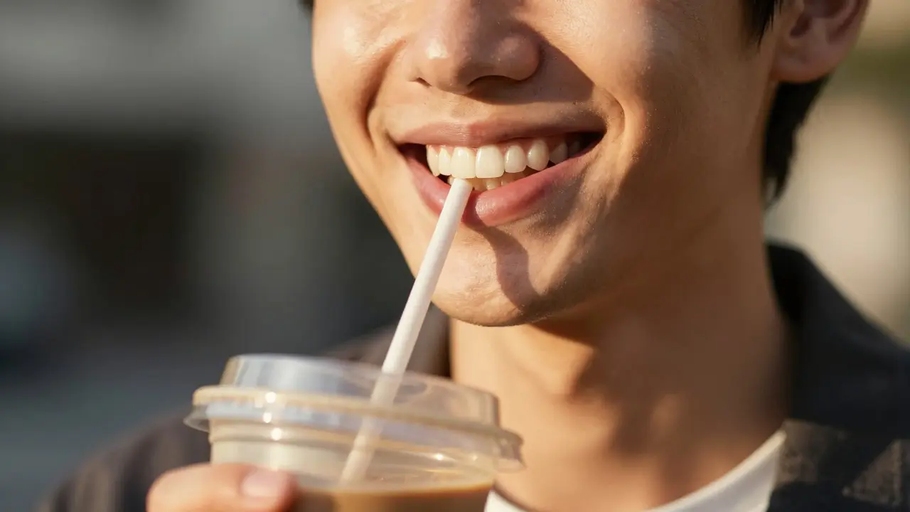 Úsměv s perfektními zuby při pití kávy