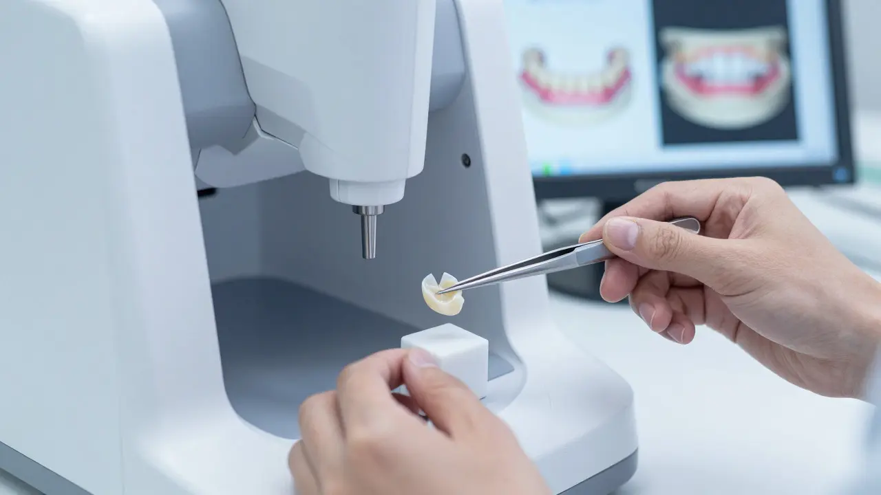 Zubní techník pracuje s keramickým blokem a hotovou fazetou v laboratoři