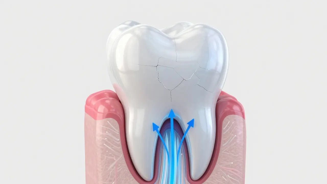 3D ilustrace řezu zubem ukazující exponované dentinové tubuly a nerv