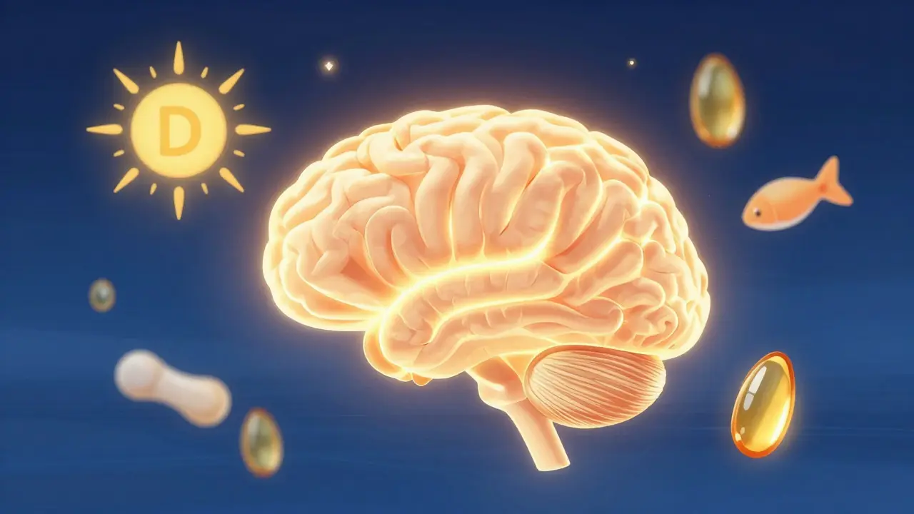 Abstraktní ilustrace mozku osvětleného vitamíny a omega-3