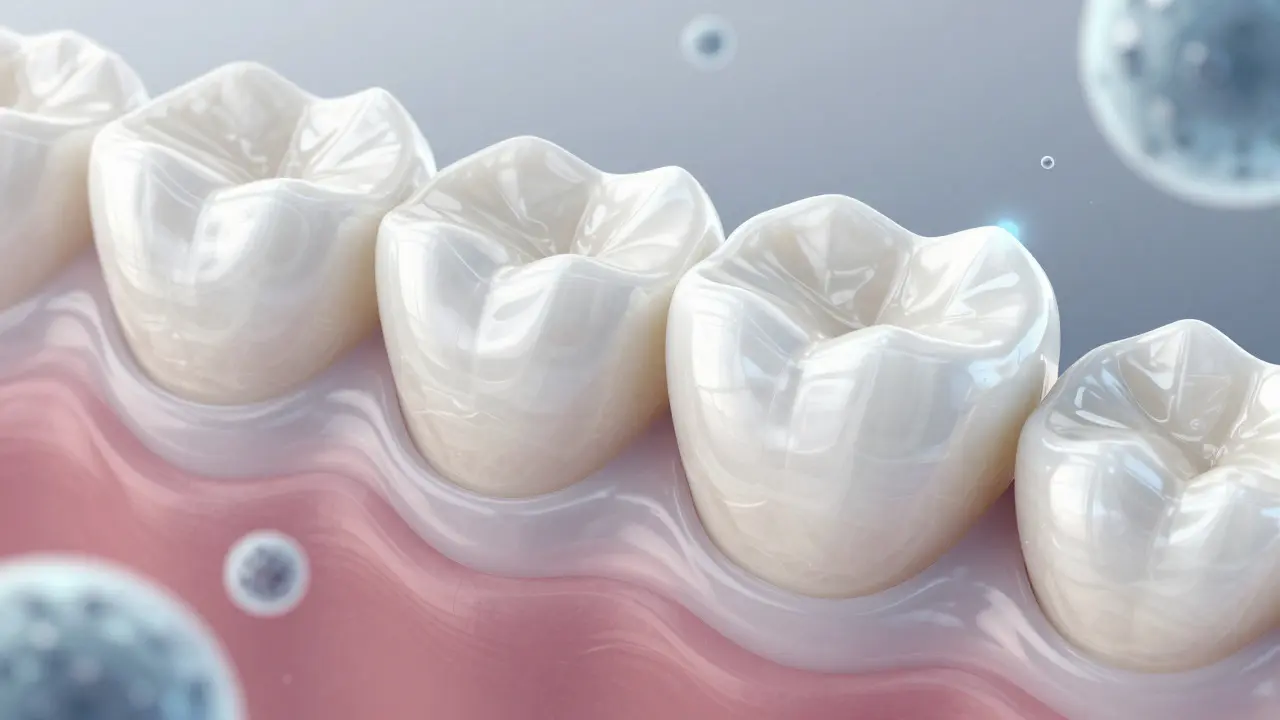 Abstraktní ilustrace vrstev dentální keramiky Mustek